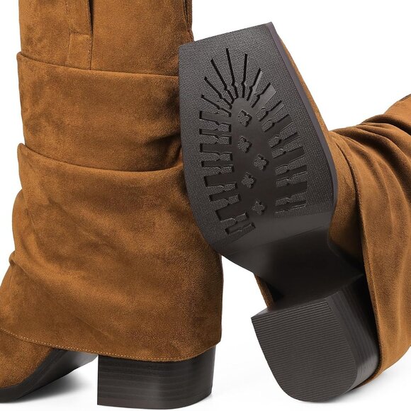 Women's Suede Cowboy Boots Mid Calf Chunky Heel Fold Over Western Casual - Picture 5 of 8